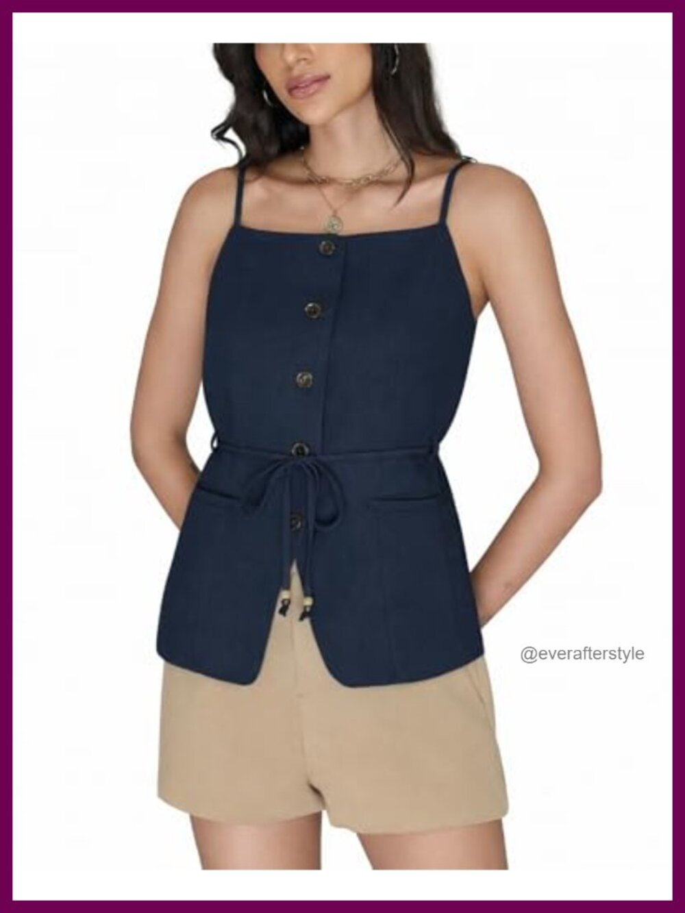 Cotton Waistcoat Vest Sleeveless Square Neck Tie Waist Button Front Lined Women